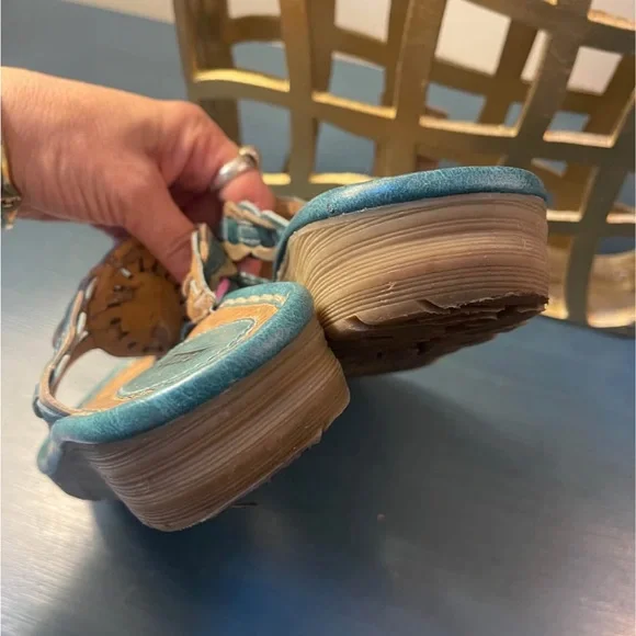 Earth Wander Leather Teal Thong Sandals Women’s 8B Cushioned Slight Wedge - Picture 8 of 11